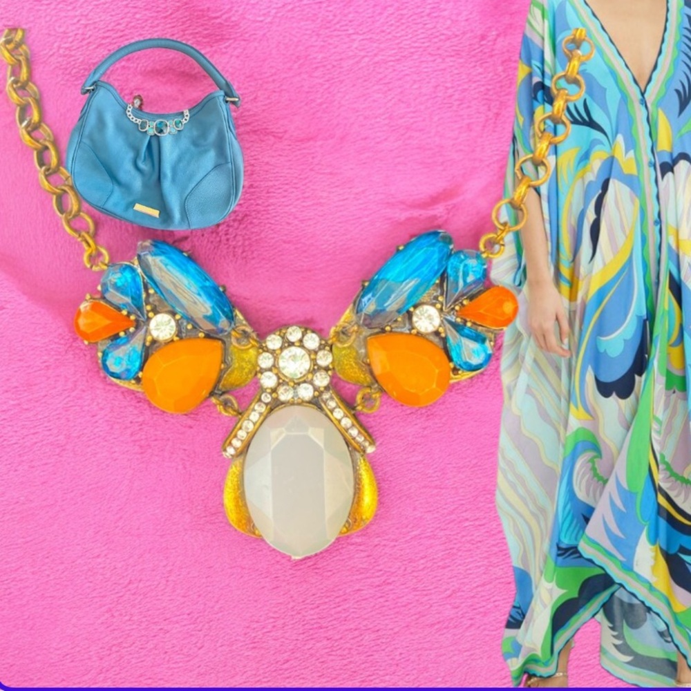 J Crew Necklace Blue Orange Crystal